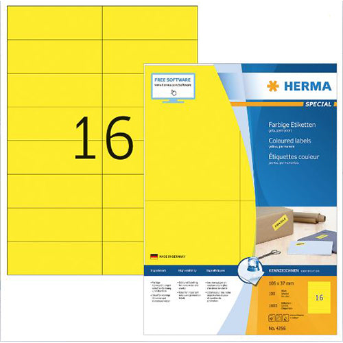 Coloured Labels A4, 105 x 37 mm, Yellow, Permanent Adhesion (4256)